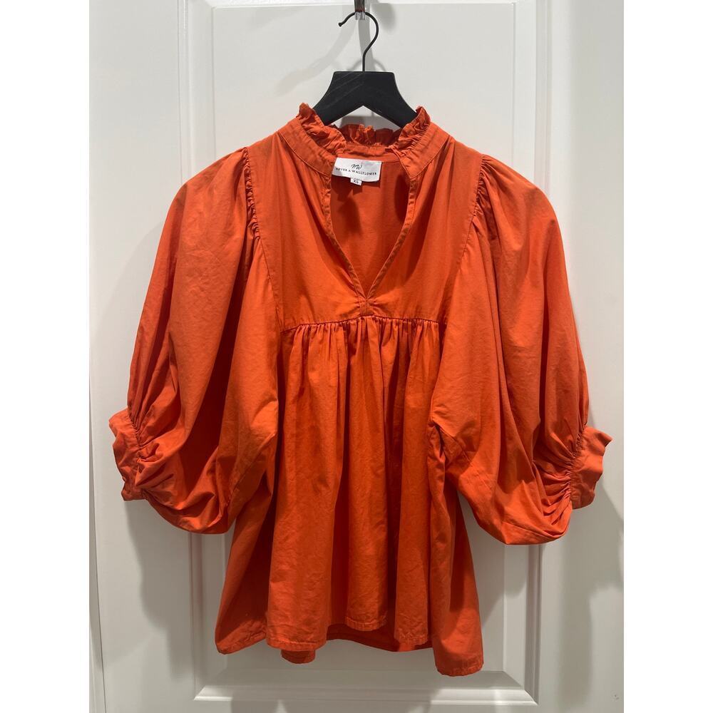 Never A Wallflower High Neck Ruffle Cotton V-Neck Blouse Sz XS
